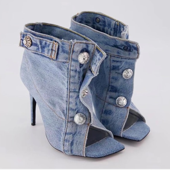 Arqa Denim Stiletto High Heels Peep Toe Metal Button Ankle Boots size 8.5 - Picture 2 of 8